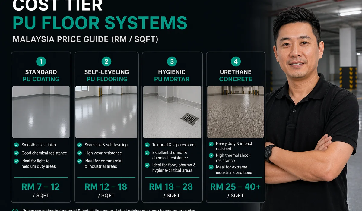 Cost tier infographic: four PU system types with RM/sqft ranges clean dark-background typography with