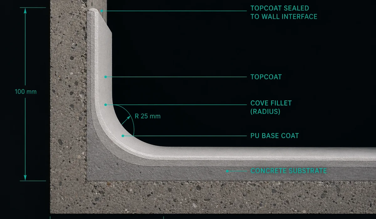 Cross-section diagram of integral coving: substrate PU base cove fillet radius topcoat sealed wall