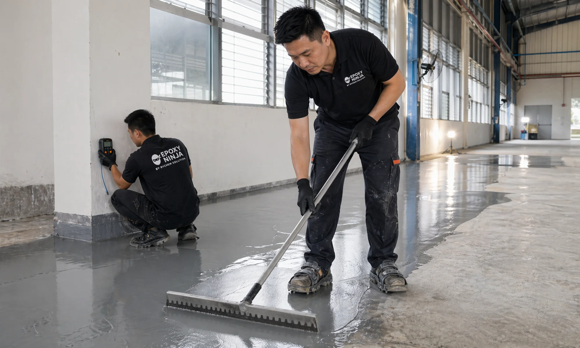 Epoxy Ninja crew installing industrial epoxy flooring in a Johor Bahru factory