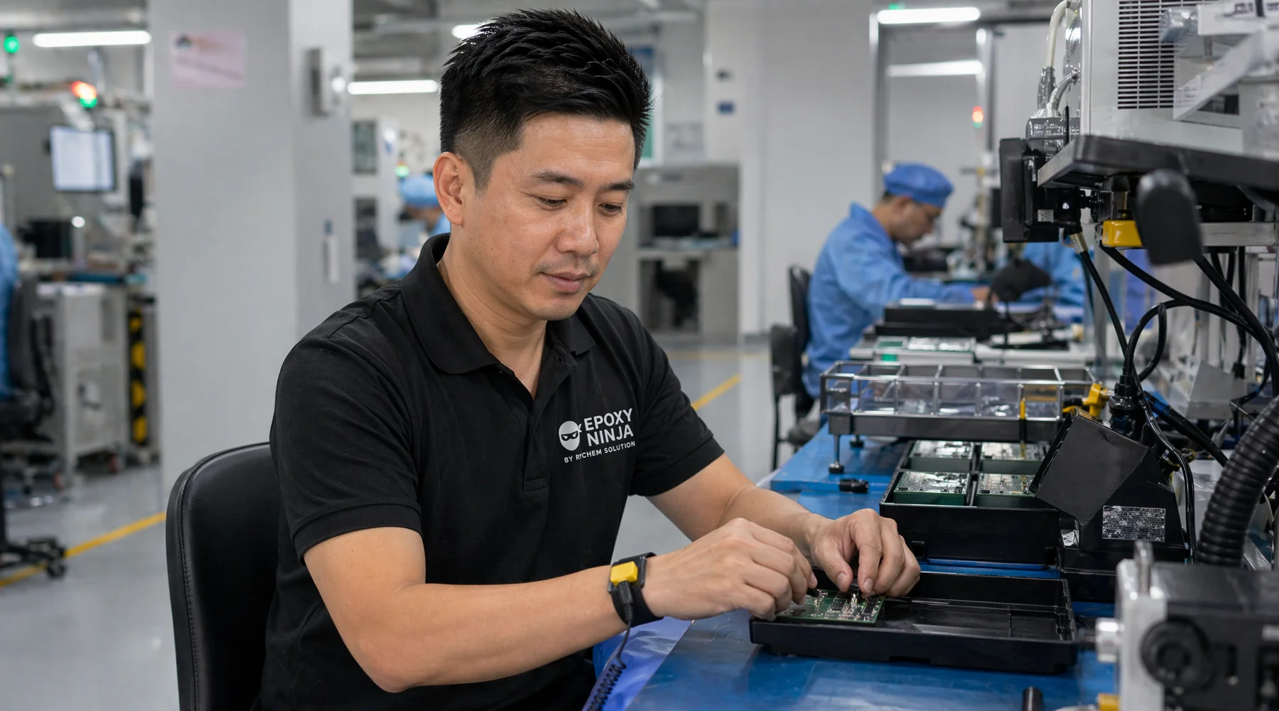 Semiconductor facility with seamless ESD epoxy floor operator in ESD wrist strap at workstation