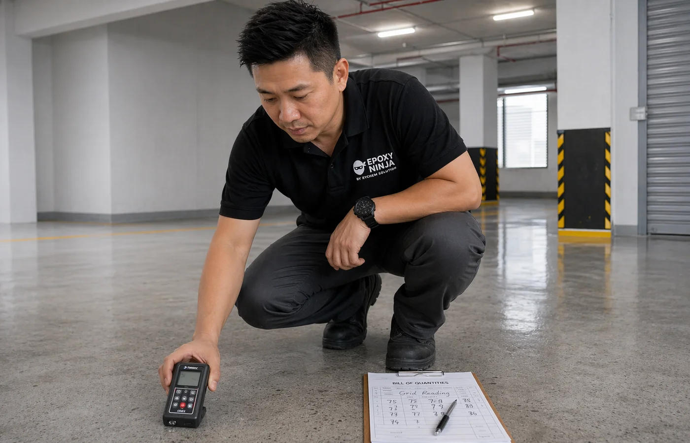 Epoxy Ninja technician using Tramex CMEX5 moisture meter on Johor Bahru factory slab